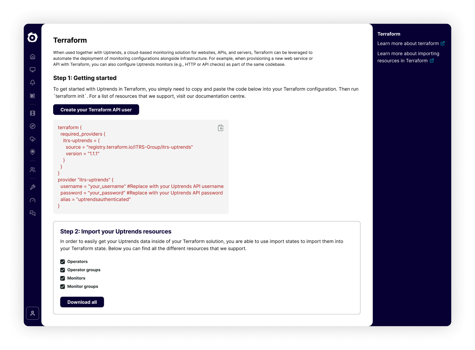 Mosaicos del panel de Monitorización Sintética, tiempo de carga por checkpoint, rendimiento y proceso de pedido.
