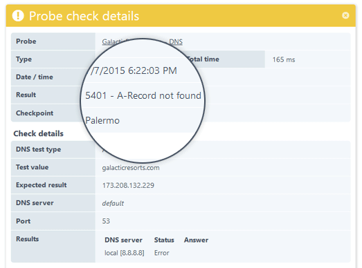 Mosaico de detalles de comprobación mostrando un problema DNS