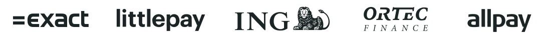 Logos de empresas como Exact, Littlepay, ING, Ortec Finance y allpay.
