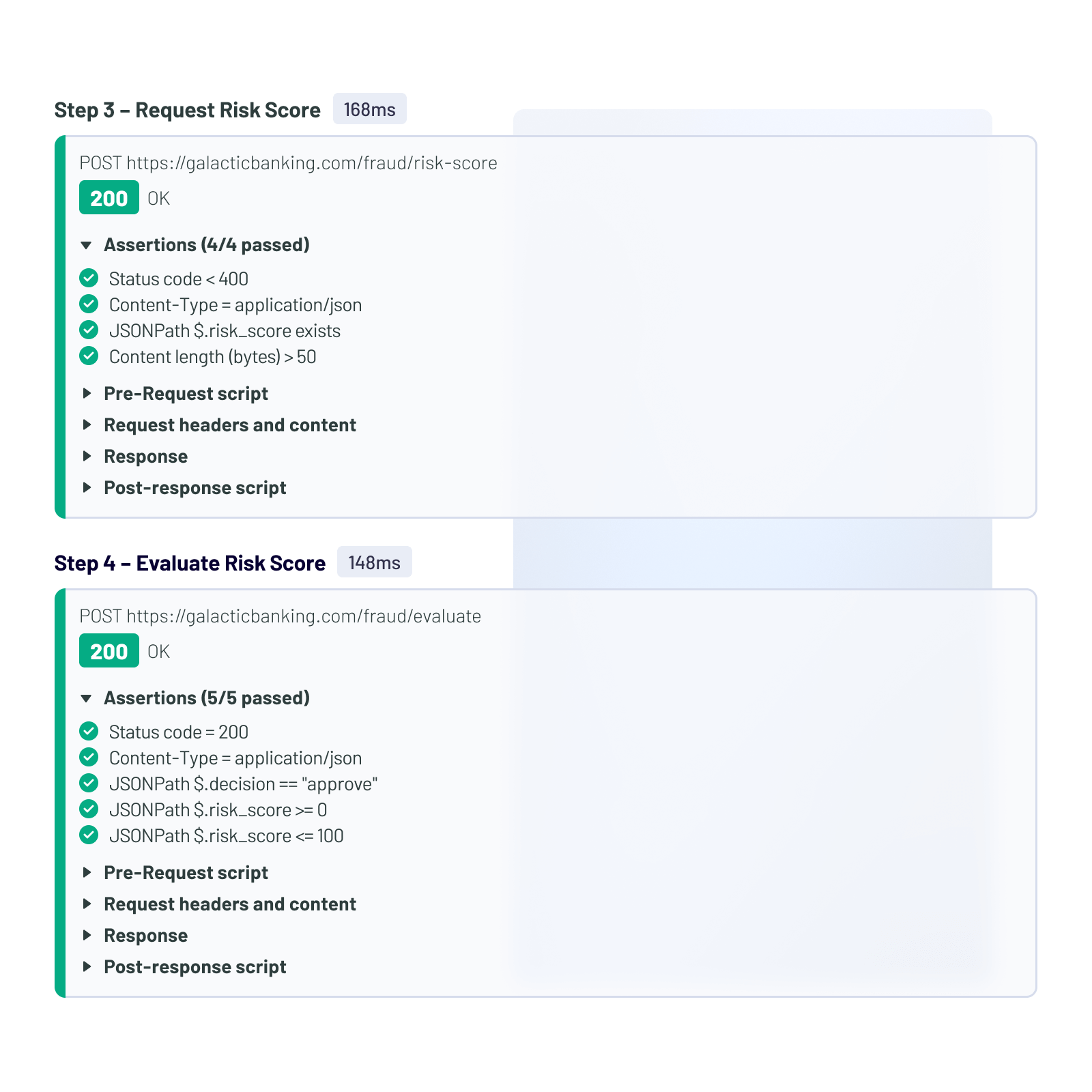 Verificación de monitor de flujo de transacción multietapa destacando la evaluación de API de detección de fraude
