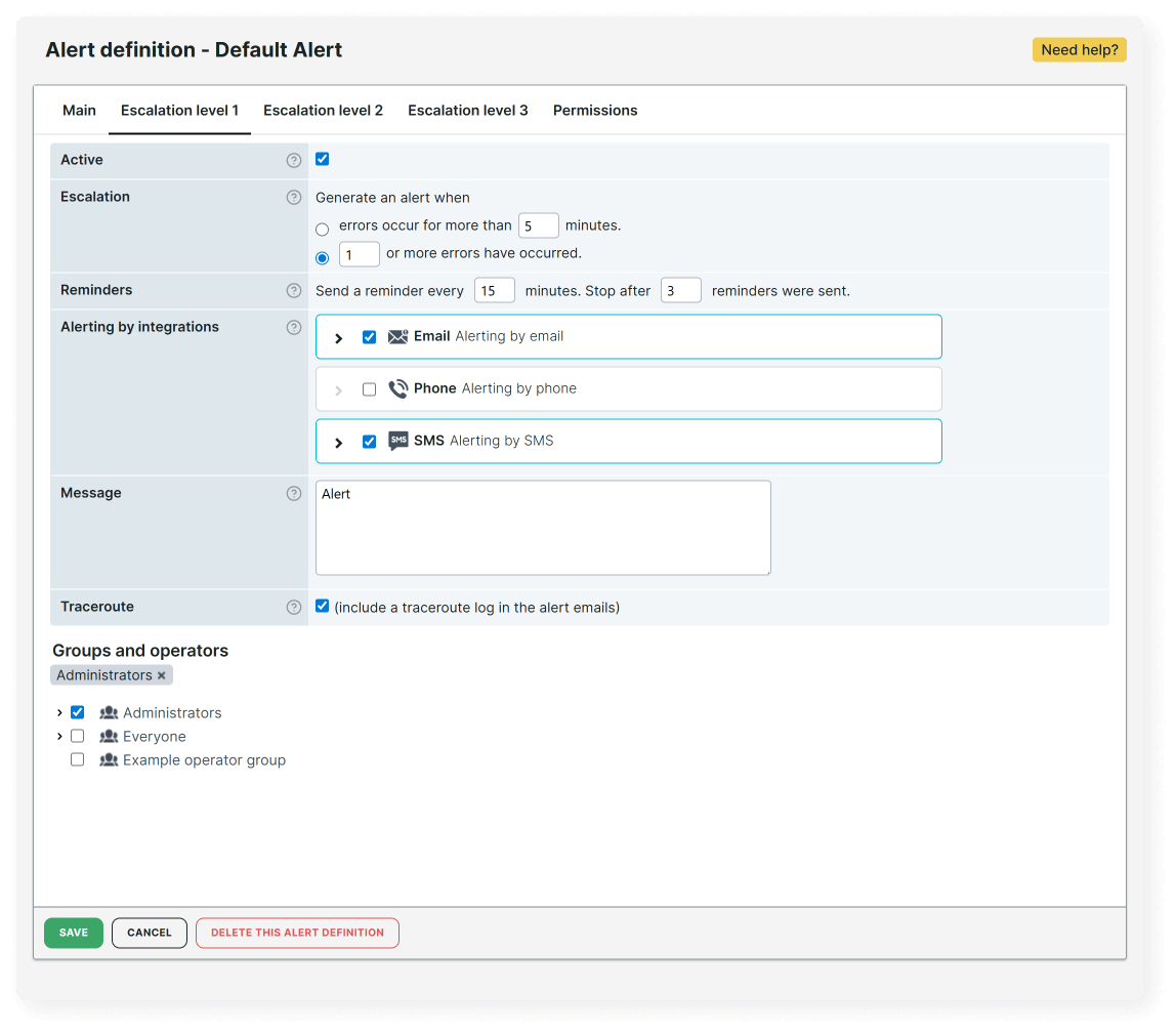 Captura de pantalla de configuración de escalación de alertas