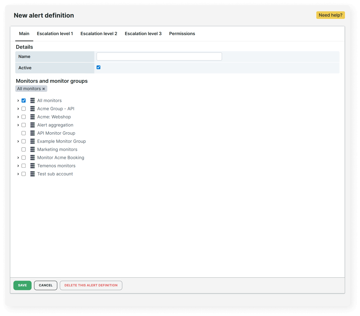 Captura de pantalla de nueva configuración de alerta