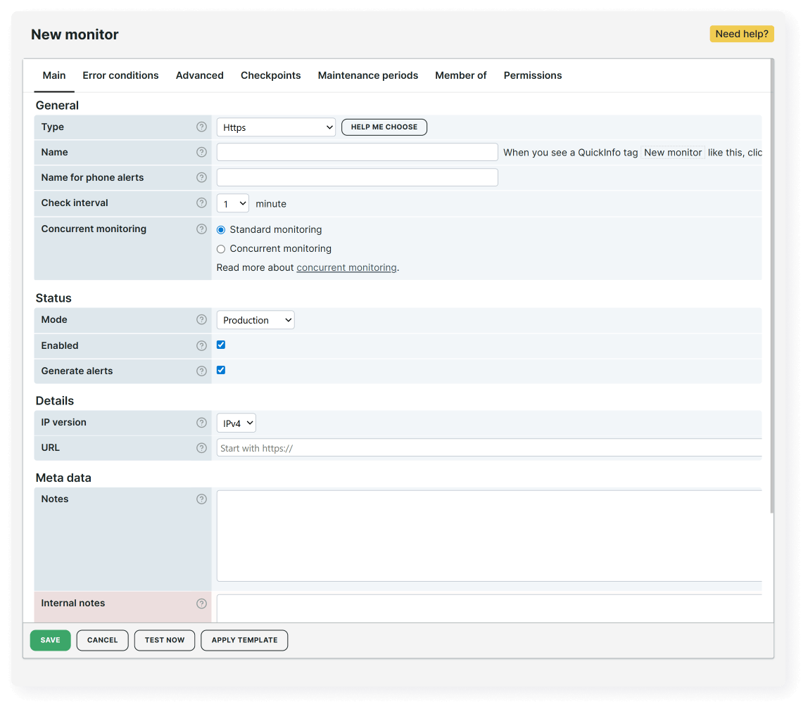 Captura de pantalla de configuración de monitor HTTPS