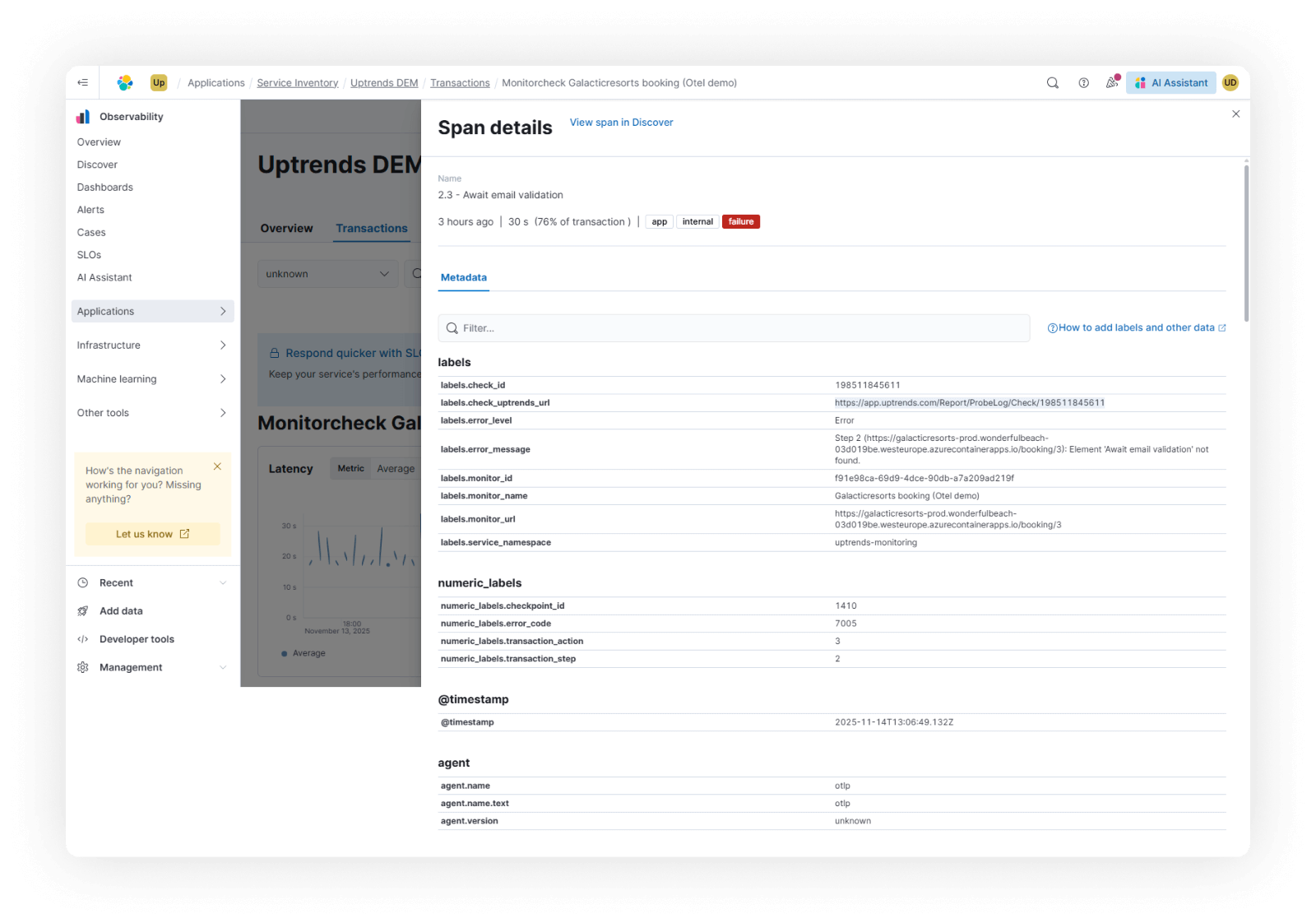 Detalles de span con enlace profundo a Uptrends