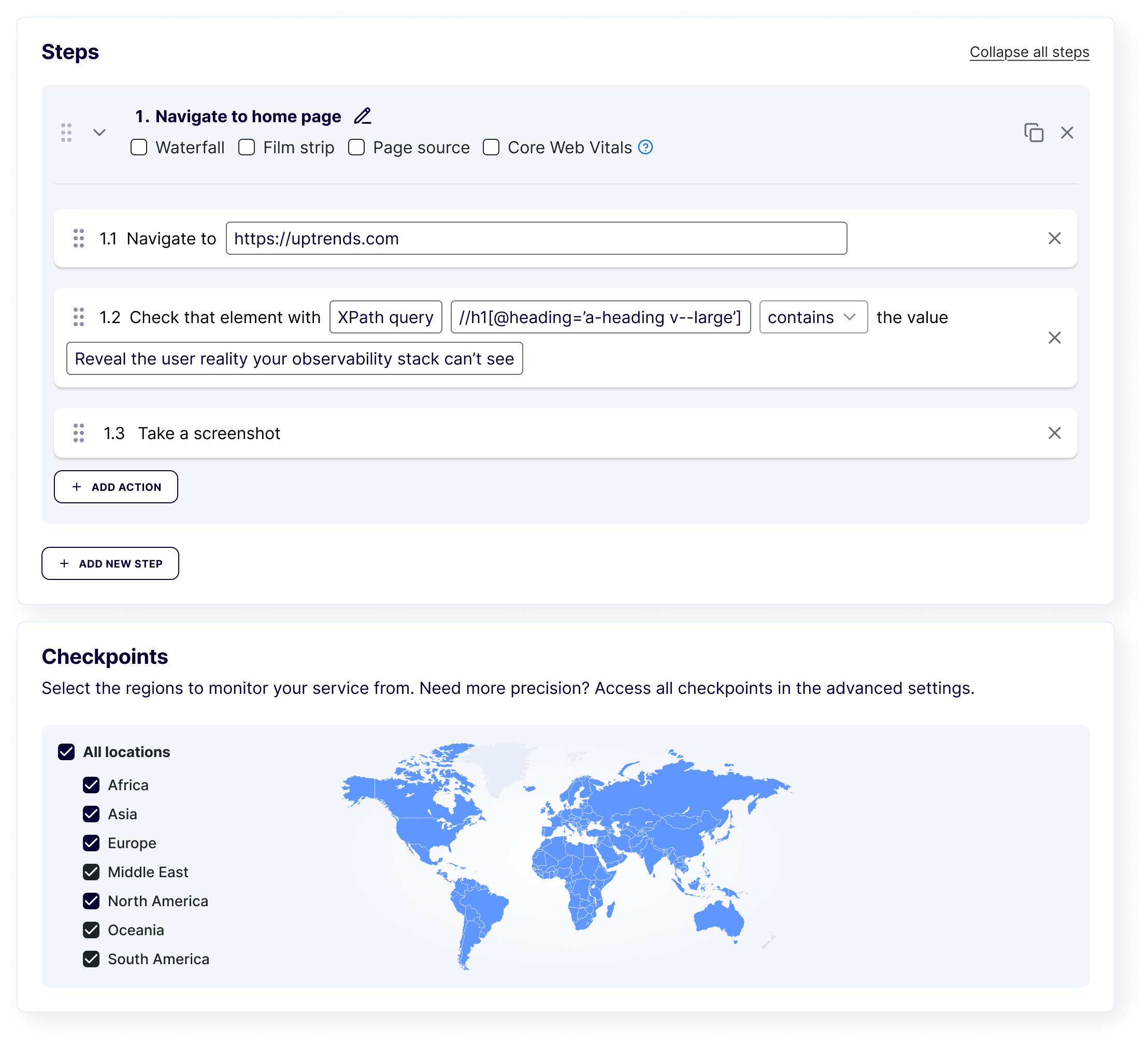 Capturas de pantalla del producto del editor de pasos de transacción sin código y selección de checkpoints.